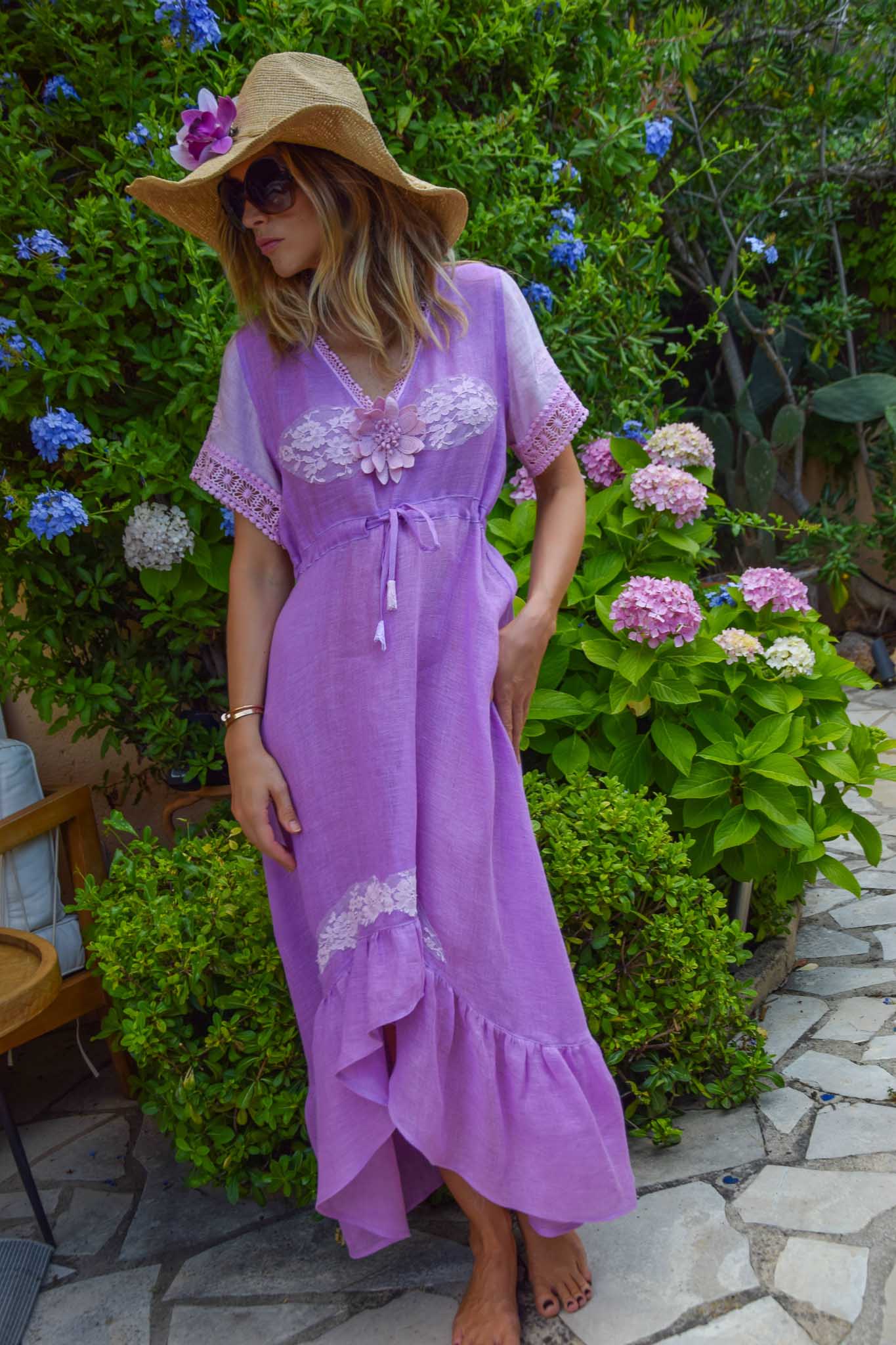 Mandy Dress in Fine Linen Gauze Lilac - Vanita Rosa