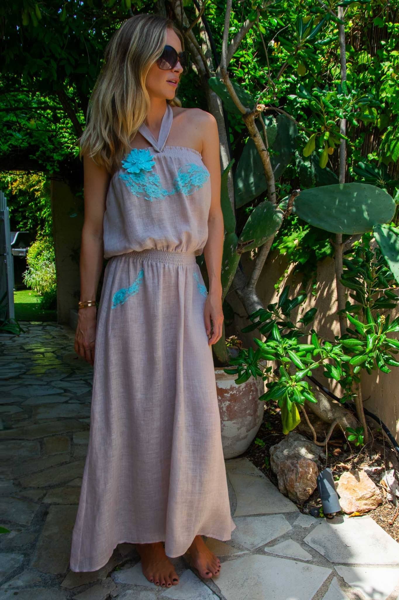Rimini Long Dress in Fine Linen Gauze Sand - Vanita Rosa