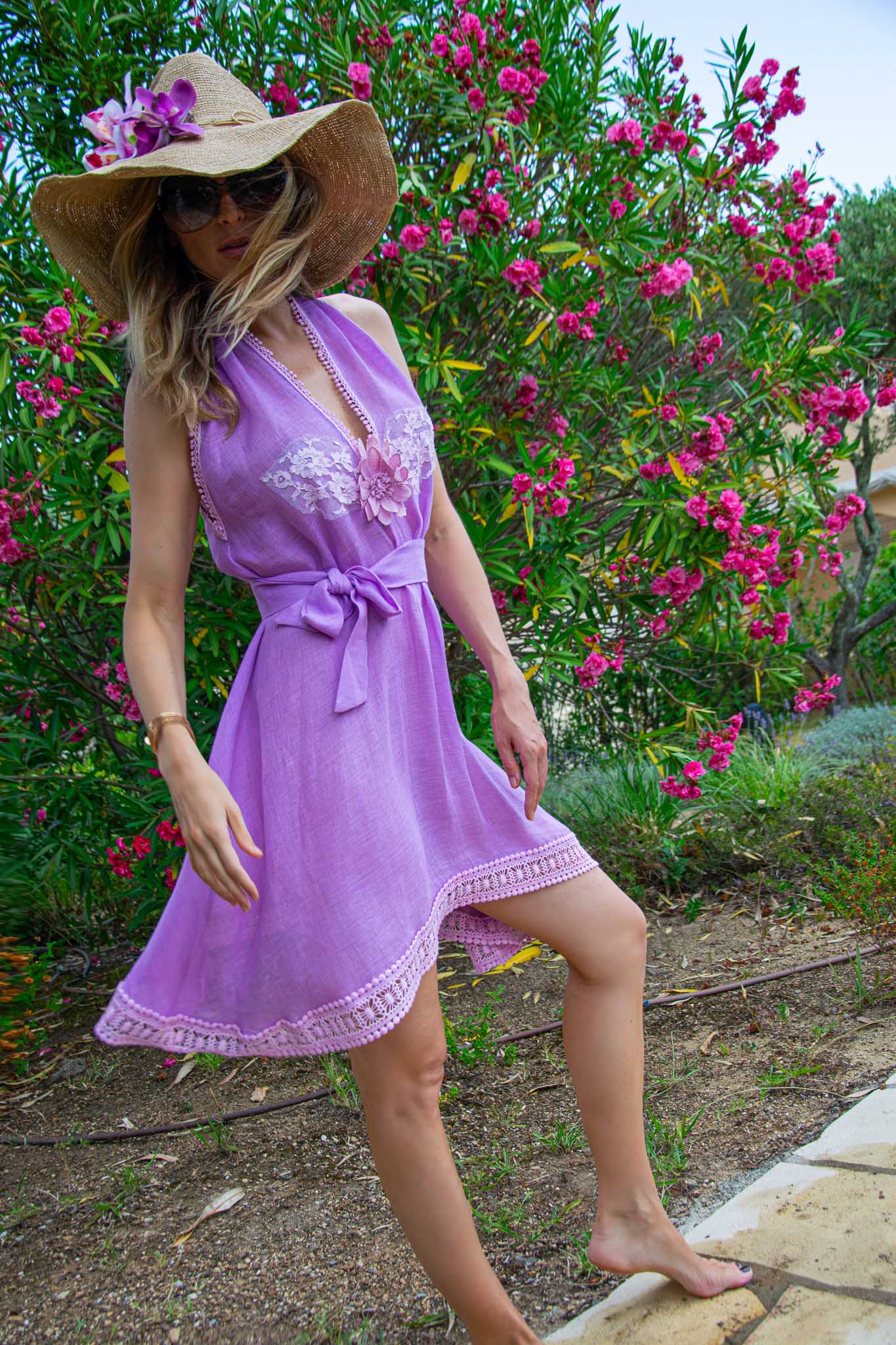 Riri Short Dress in Fine Linen Gauze Lilac - Vanita Rosa