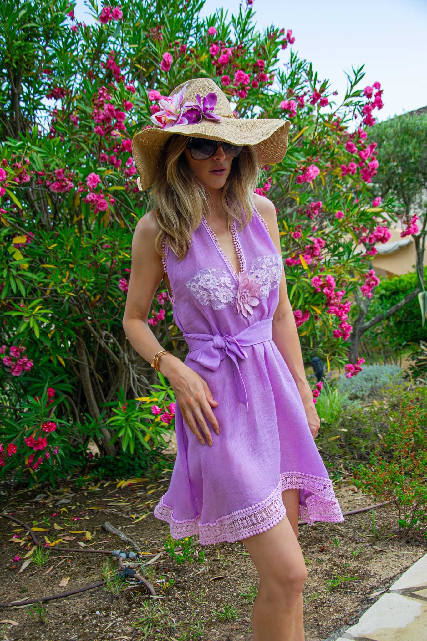 Riri Short Dress in Fine Linen Gauze Lilac - Vanita Rosa