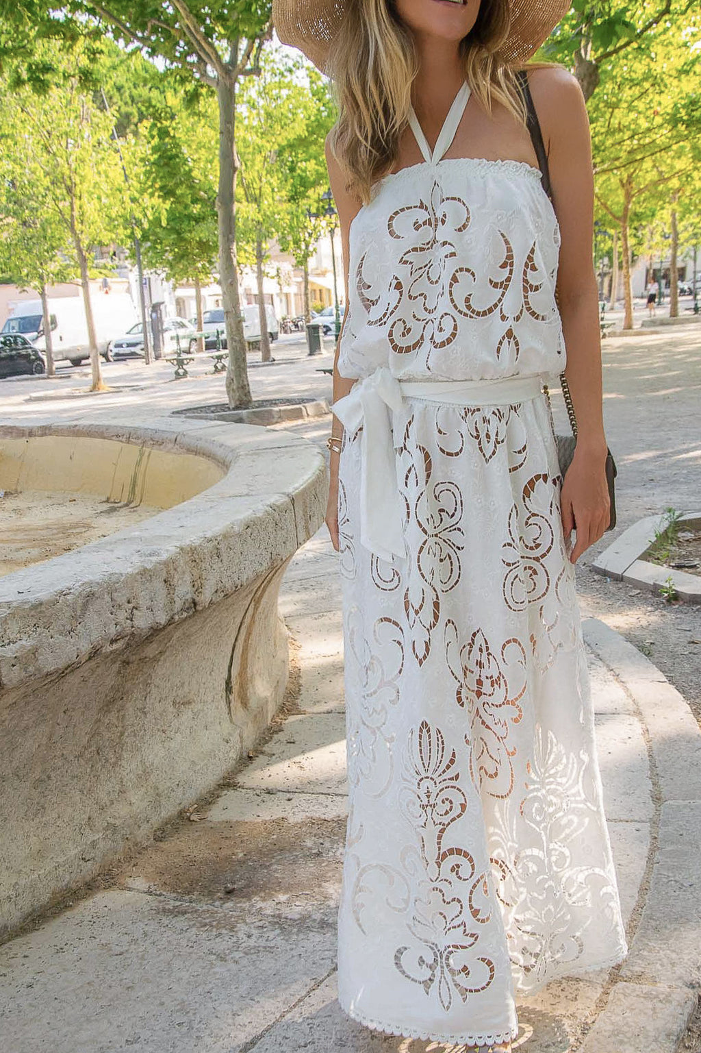 Rimini Long Dress in White Guipure Cotton