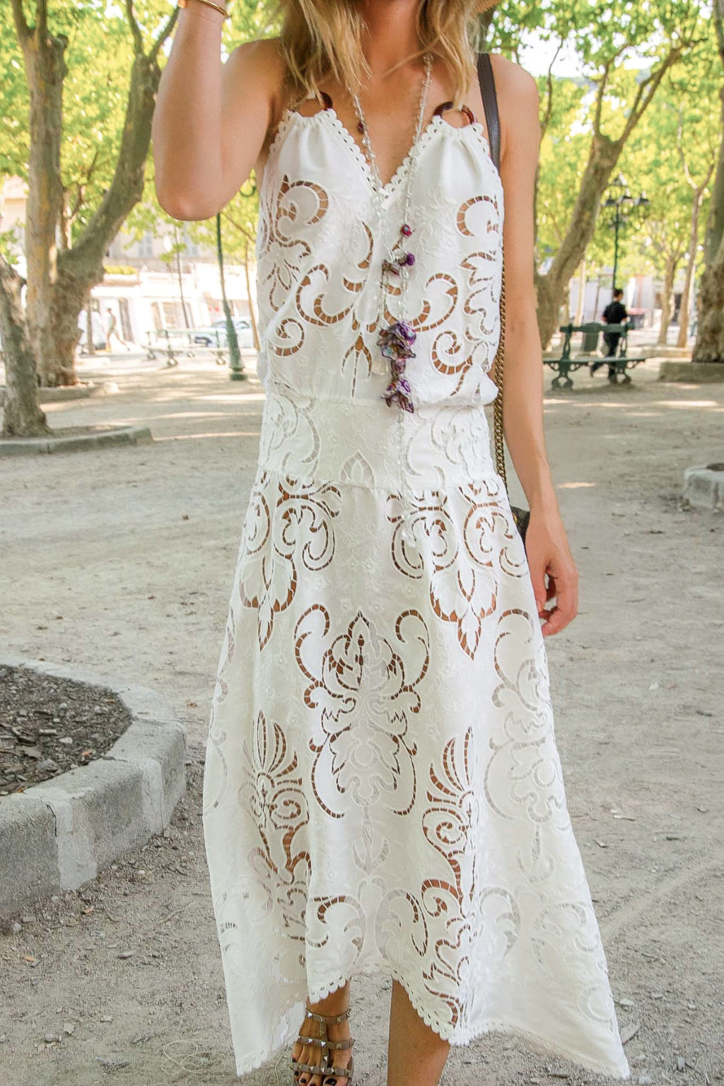 Rosa Long Dress in White Guipure Cotton