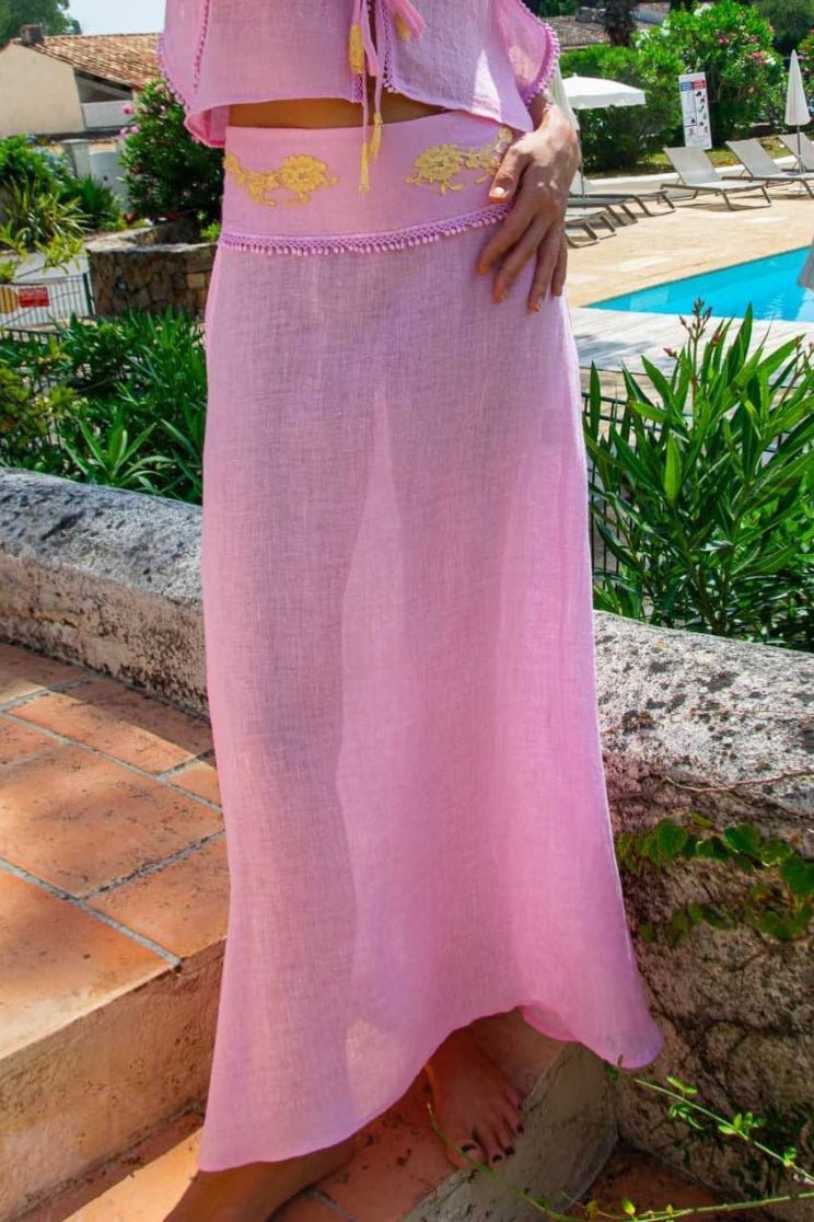 Mia Long Skirt in Fine Linen Gauze Pink - Vanita Rosa