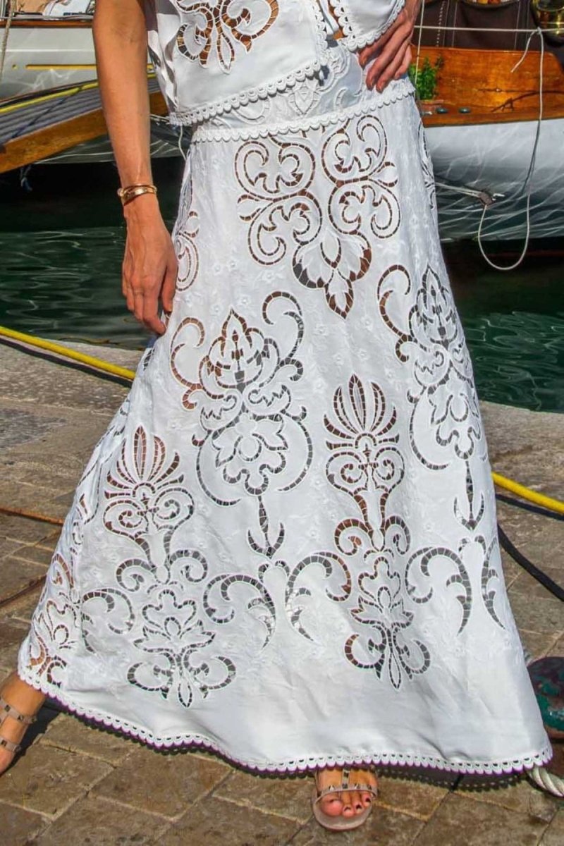 Mia Long Skirt in White Guipure Cotton - Vanita Rosa