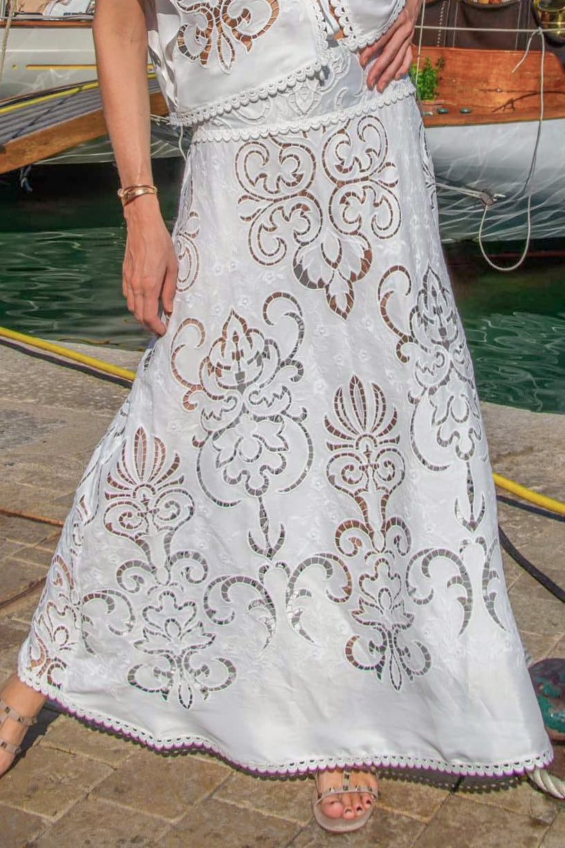 Mia Long Skirt in White Guipure