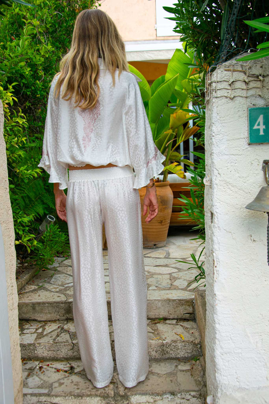 Palazzo Pants in Silk Heart – White - Vanita Rosa