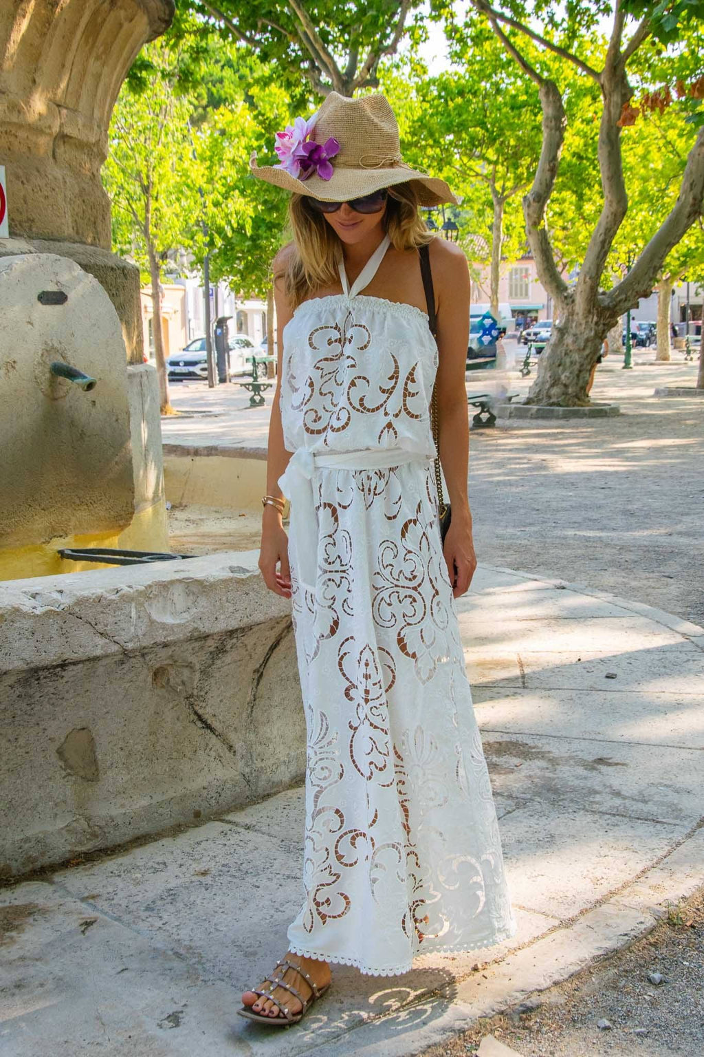 Rimini Long Dress in White Guipure Cotton - Vanita Rosa