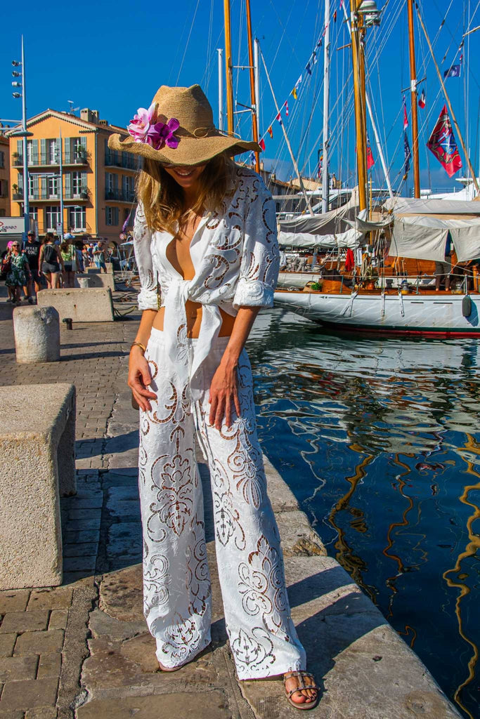 Roberta Pants in White Guipure Cotton - Vanita Rosa
