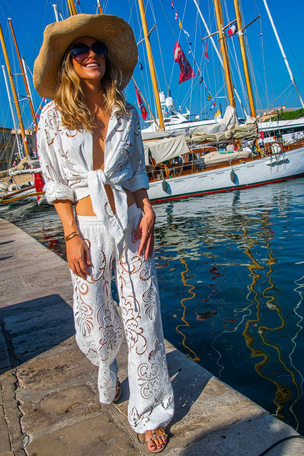 Roberta Pants in White Guipure Cotton - Vanita Rosa