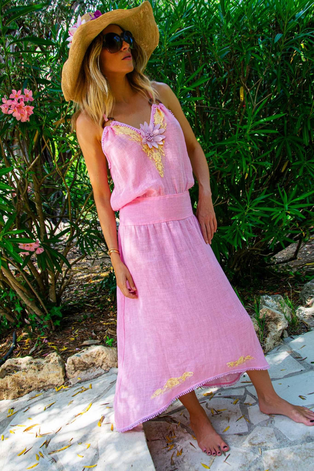 Rosa Long Dress in Fine Linen Gauze Pink - Vanita Rosa