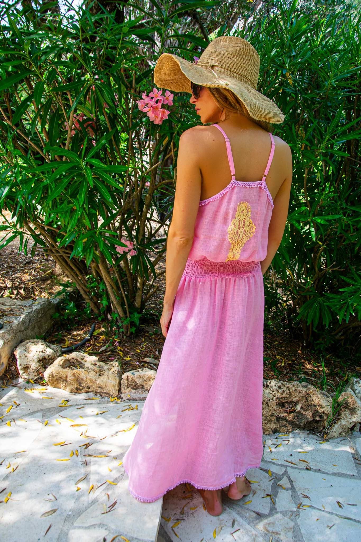 Rosa Long Dress in Fine Linen Gauze Pink - Vanita Rosa