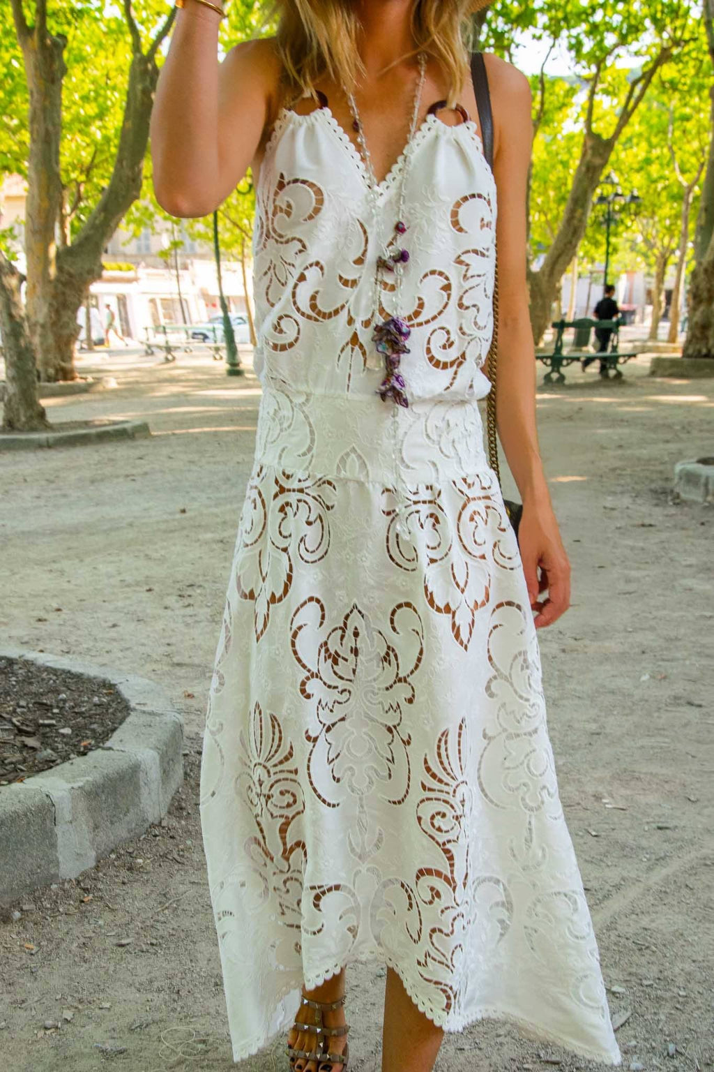 Rosa Long Dress in White Guipure Cotton - Vanita Rosa