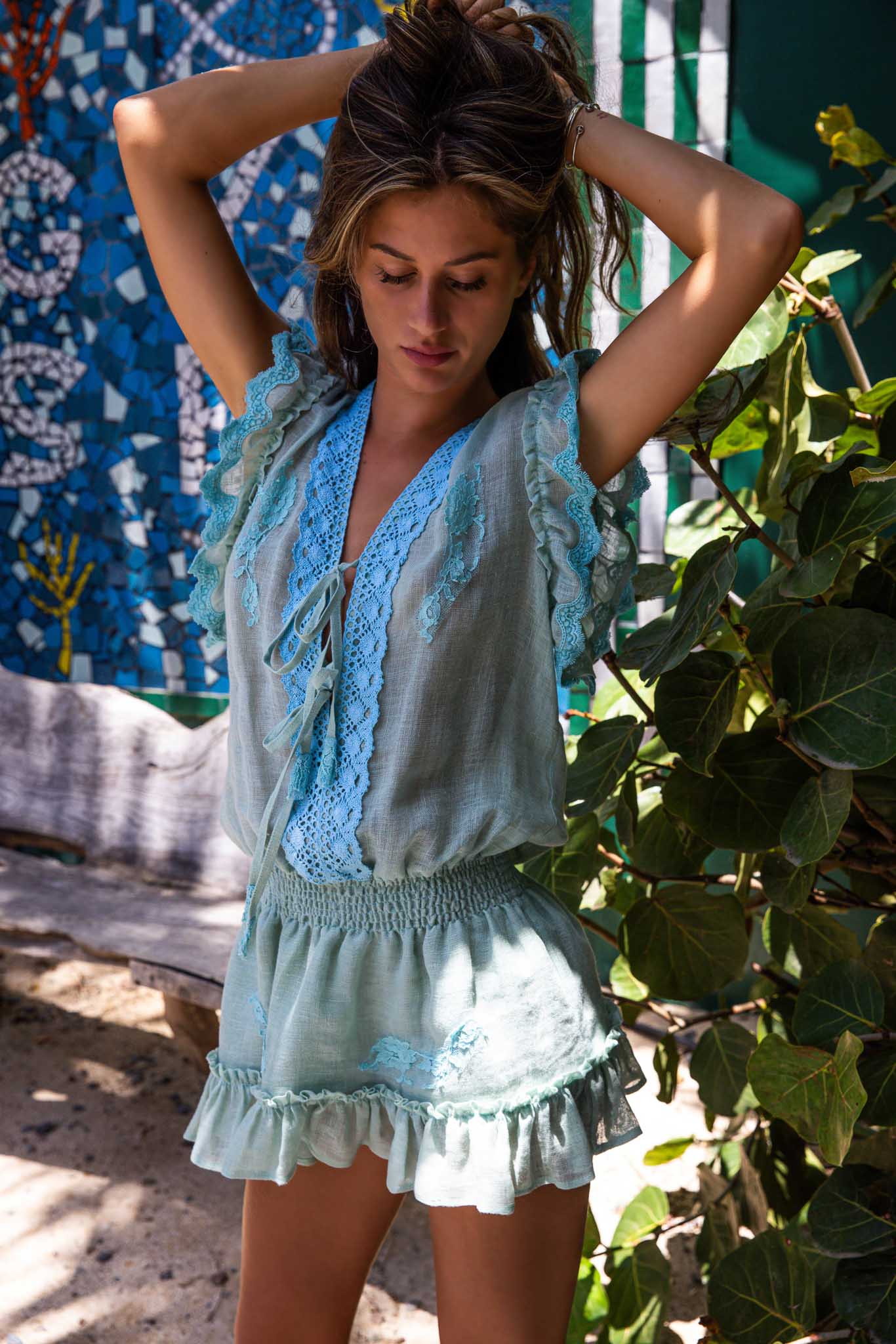 Roxane Short Dress in Fine Linen Gauze Almond - Vanita Rosa