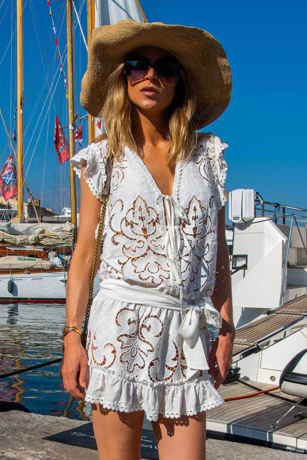 Roxanne Dress in White Guipure Cotton - Vanita Rosa