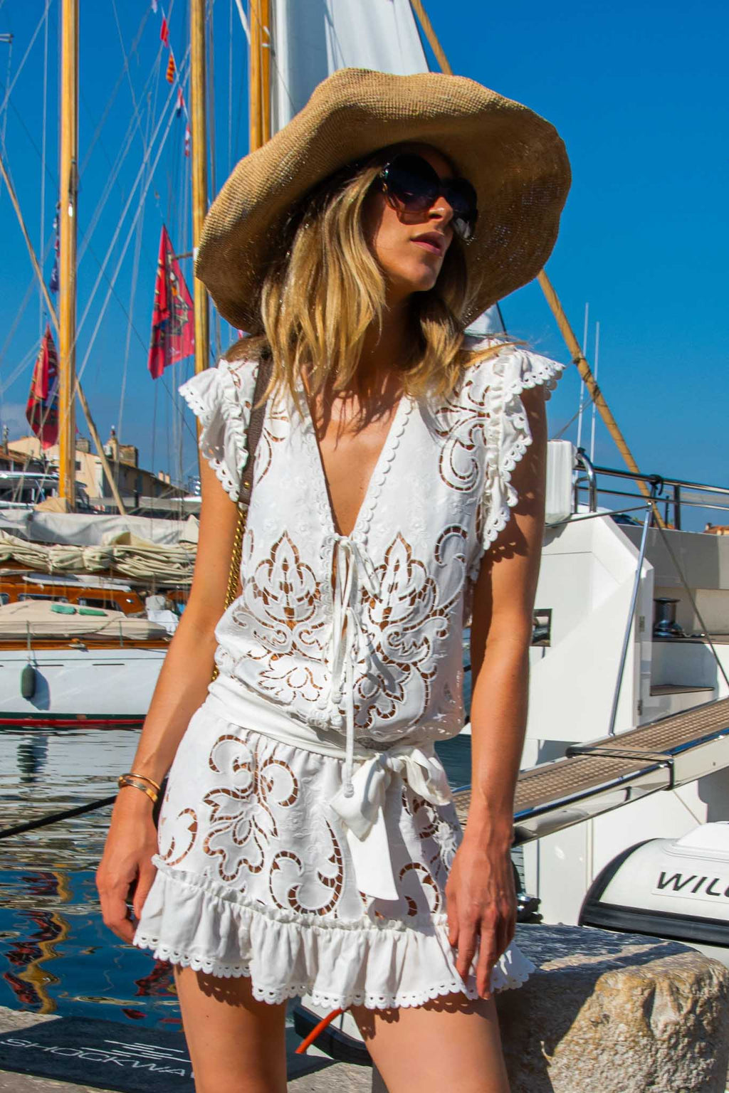 Roxanne Dress in White Guipure Cotton - Vanita Rosa